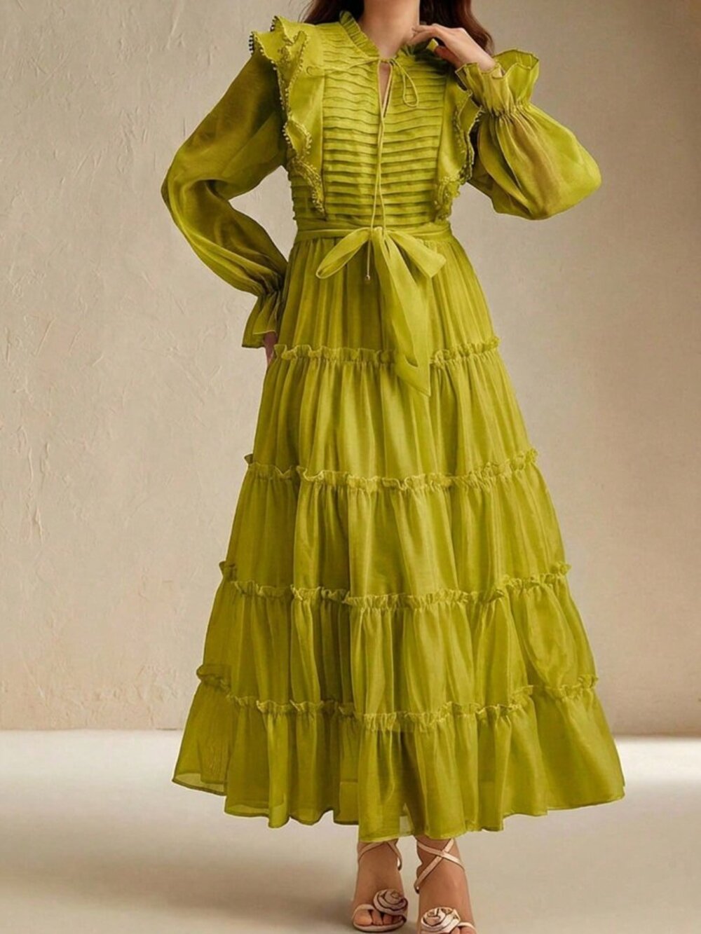 Green Elegant Women's Flounce Sleeve High Waisted Tiered A-Line Long Dress